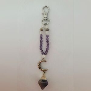 Amethyst And Crystal Quartz Moon Keychain